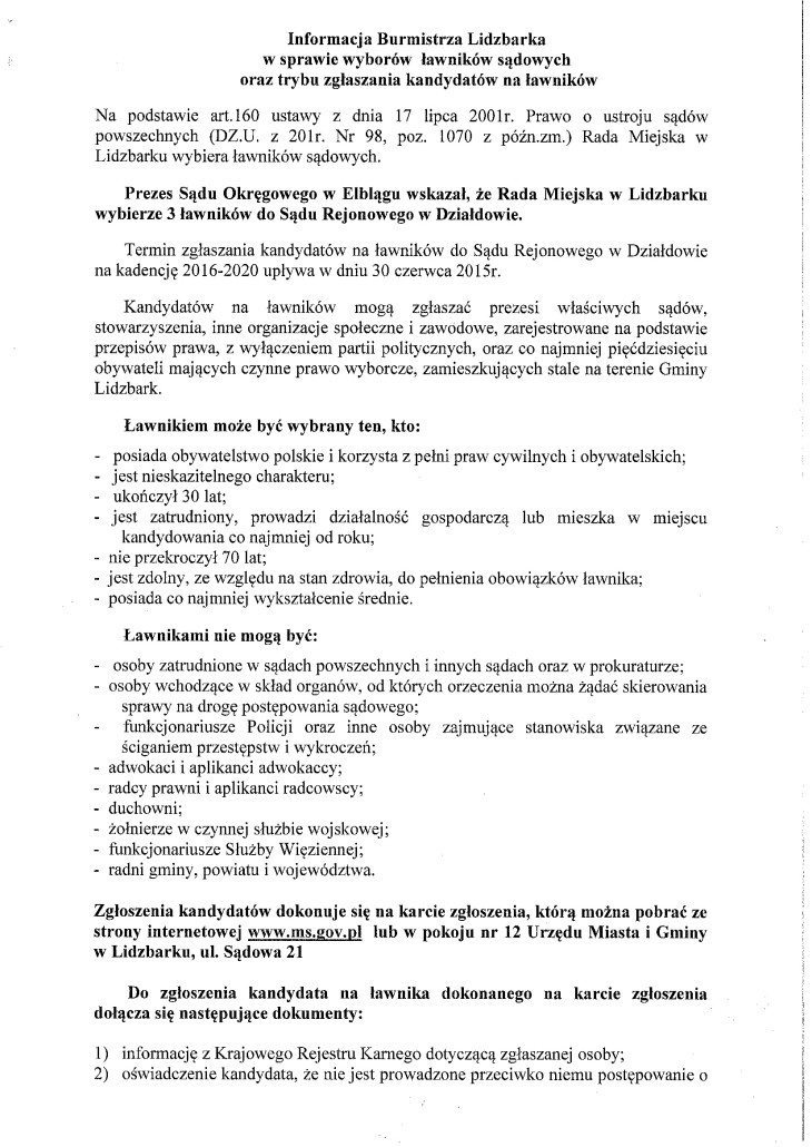informacja Burmistrza Lidzbarka w sprawie wyborów ławników sądowych oraz trybu zgłaszana kandydatów na ławników