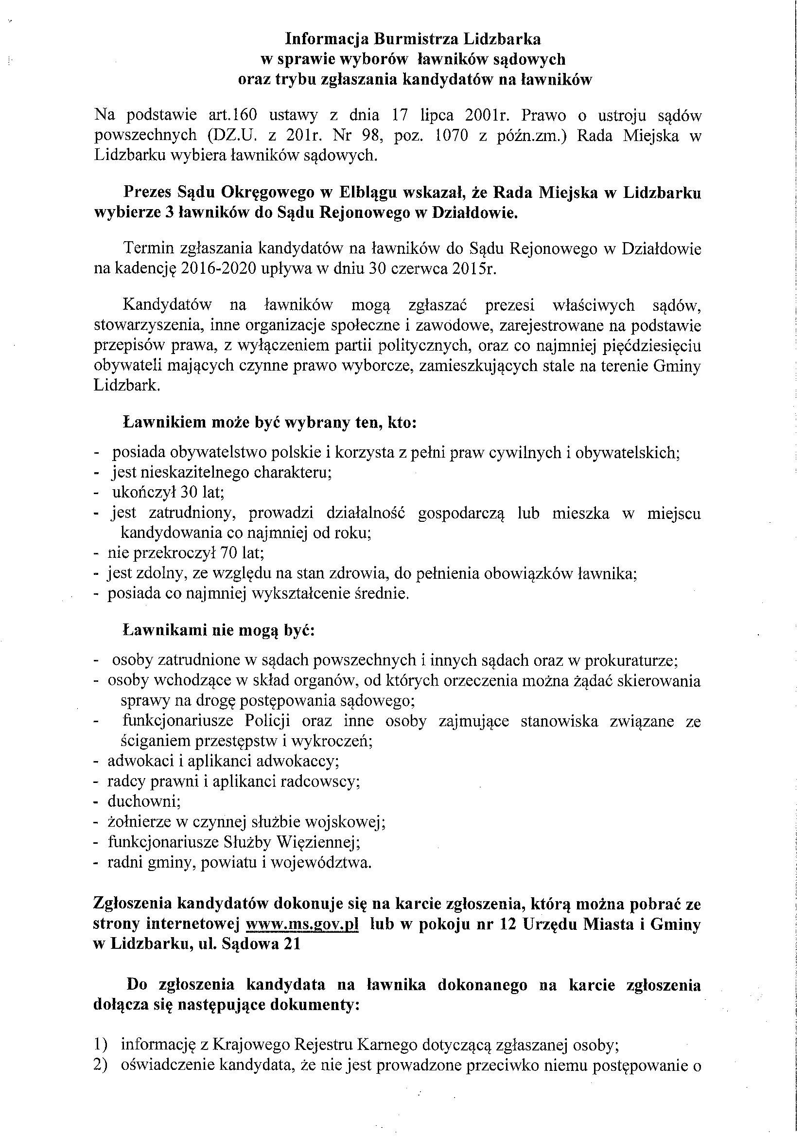 Informacja Burmistrza Lidzbarka w sprawie wyborów ławników sądowych oraz trybu zgłaszana kandydatów na ławników