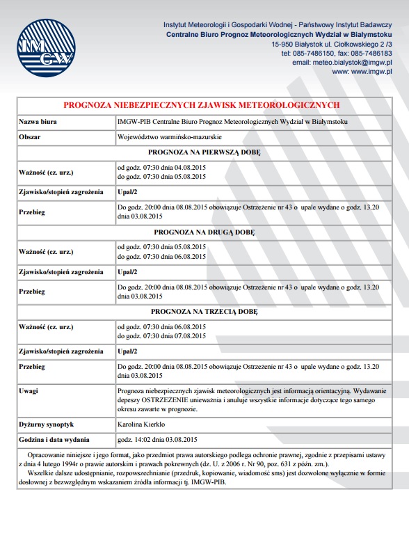 Prognoza niebezpiecznych zjawisk meteorologicznych w naszym rejonie