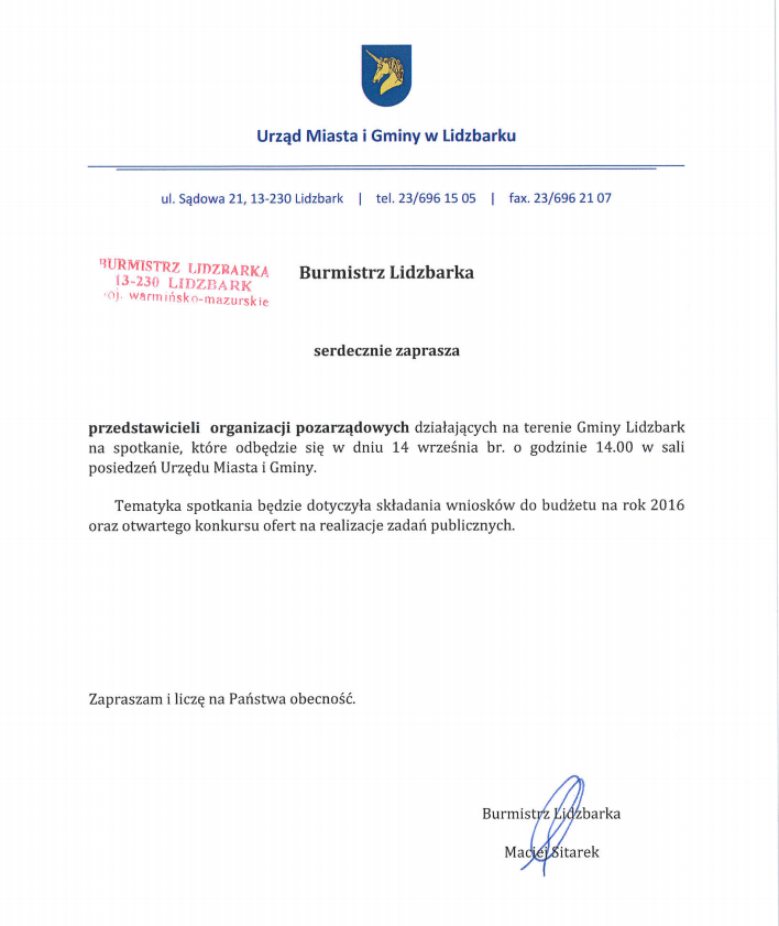 Zaproszenie na spotkanie Burmistrza Lidzbarka z przedstawicielami organizacji pozarządowych w dn. 14.09.2015r.