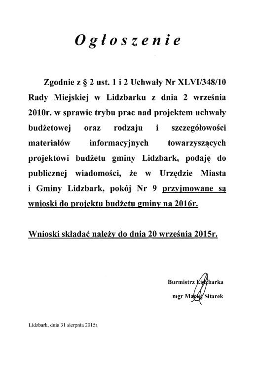 Ogłoszenie w sprawie przyjmowania wniosków do budżetu gminy na 2016r.