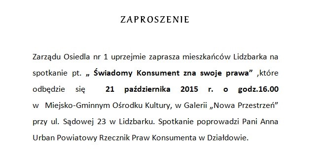 "Świadomy konsument zna swoje prawa" - Zaproszenie