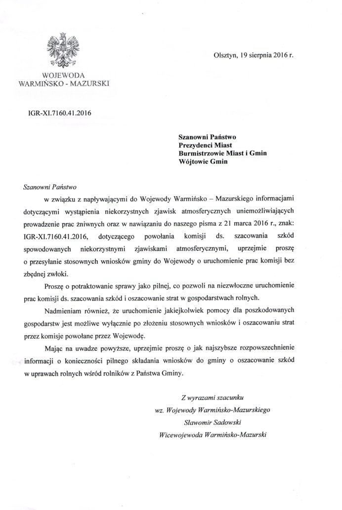 soltysi zglaszanie szkod zniwa 2016