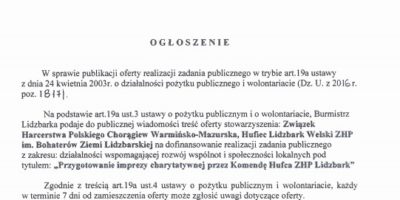Ogłoszenie w sprawie publikacji oferty zadania publicznego realizowanego przez ZHP Chorągiew Warmińsko-Mazurska, Hufiec Lidzbark Welski