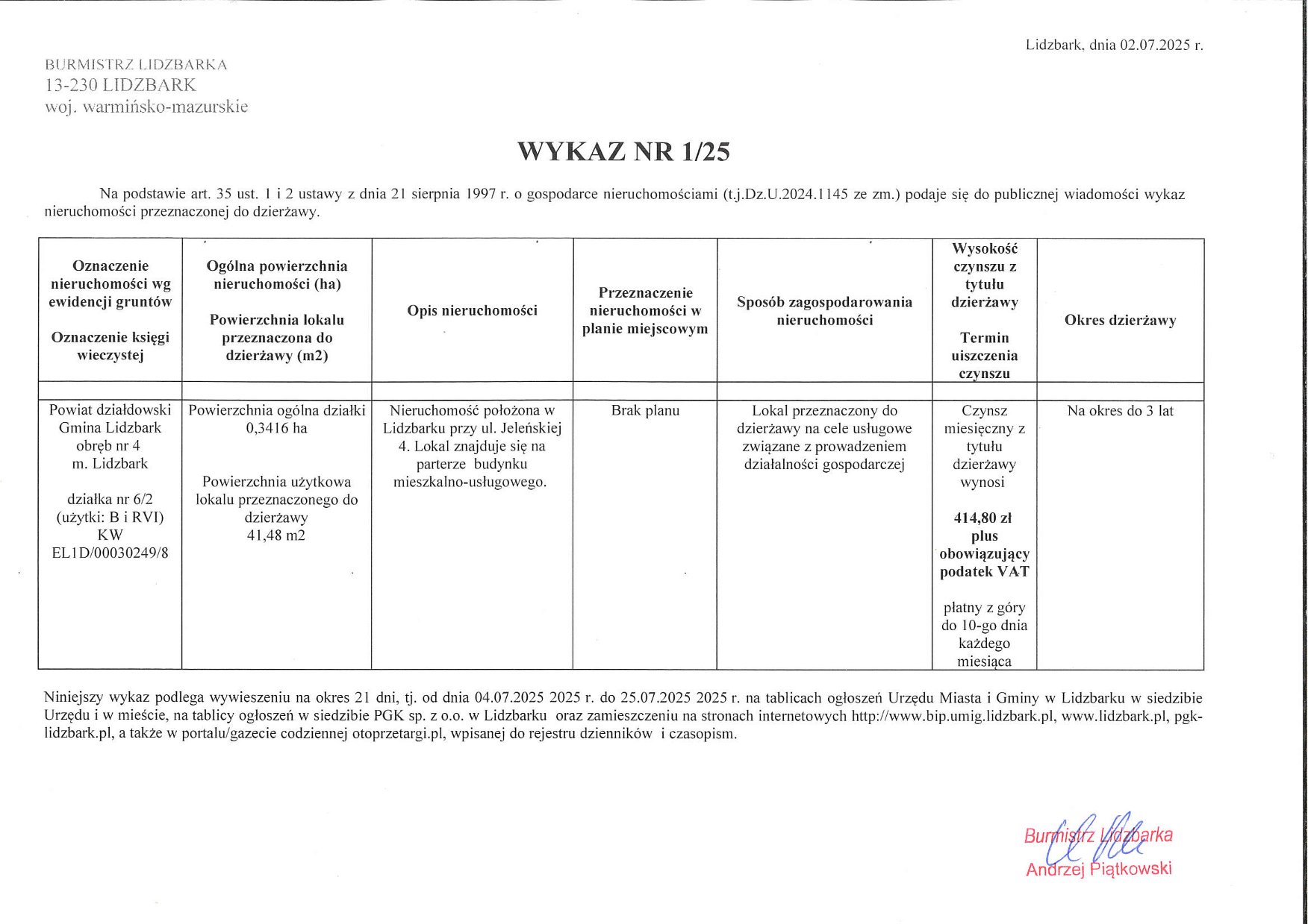 Wykaz Nr 1/25 - Nieruchomość lokalowa do dzierżawy - obr. 4 m. Lidzbark dz. nr 6/2