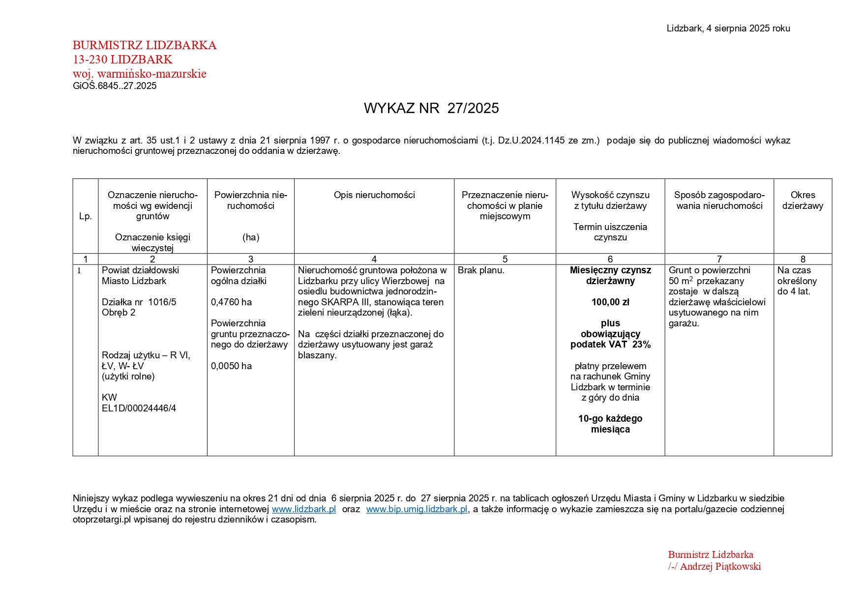 Wykaz Nr 27/2025 - Nieruchomość gruntowa do dzierżawy - obr. 2 m. Lidzbark dz. nr 1016/5