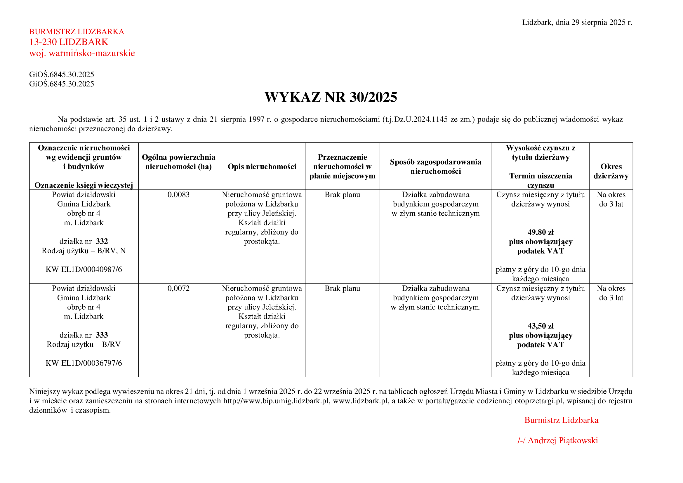 Wykaz Nr 30/2025 - Nieruchomości zabudowane do dzierżawy - obr. 4 m. Lidzbark dz. nr 332 i 333