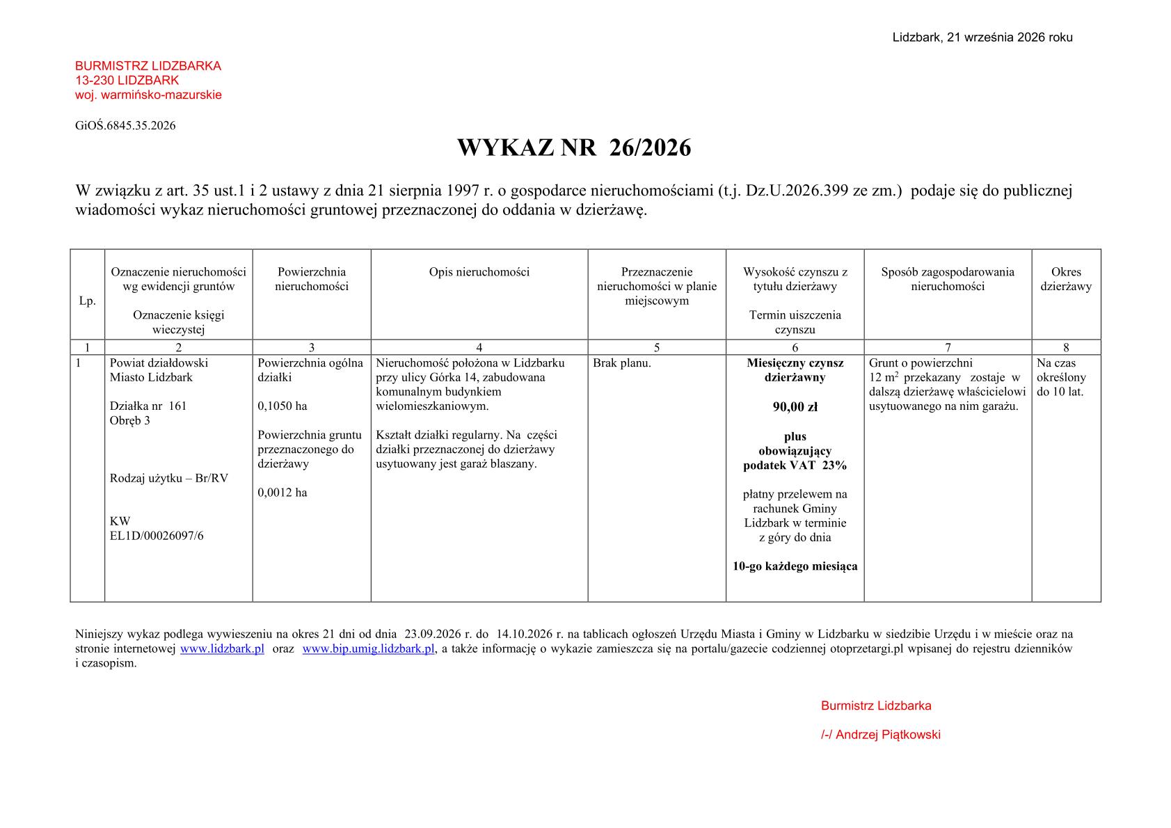 Wykaz Nr 26/2026 - Nieruchomość do oddania w dzierżawę - Lidzbark, dz. nr 161 obr. 3 m. Lidzbark